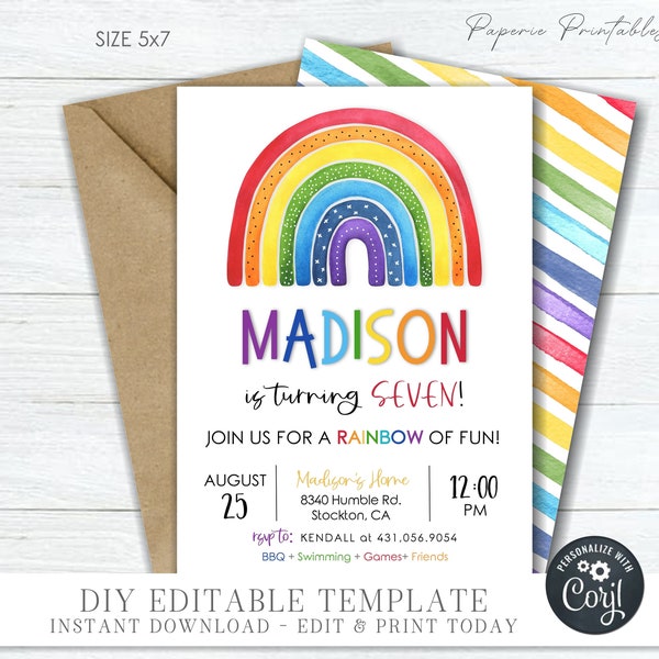 EDITABLE Rainbow Birthday Invitation, Siblings Rainbow Invitation, Bright Rainbow Invitation, Watercolor Rainbow, DIY with Corjl #BP161 (1)