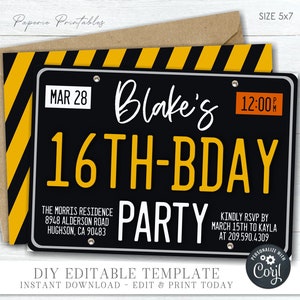EDITABLE License Plate Birthday Invitation, 16th Birthday License Plate Invitation, Sweet 16 Birthday Invitation, DIY with Corjl- #BP75(2)