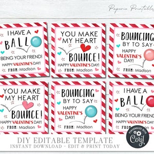 EDITABLE Kids Valentine Cards, Bouncing Balls Valentine Cards, School Valentine Tags, Printable Valentines, Heart Bounce, DIY Corjl - #VT62