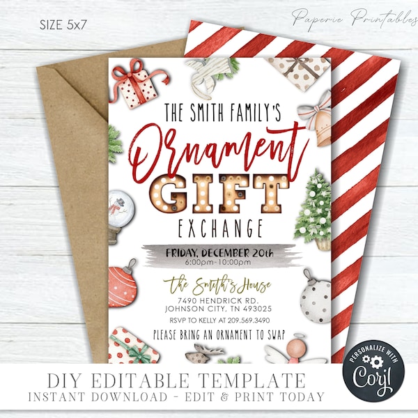 EDITABLE Ornament Gift Exchange Party Invitation - Christmas Ornament Party - Christmas Party Ornament Exchange - DIY with Corjl - #CP57