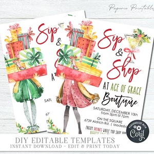 EDITABLE Christmas Sip & Shop Flyer, Christmas Shopping Flyer, Holiday Shop and Sip, Christmas Boutique Sale Flyer, DIY Corjl - #CF02