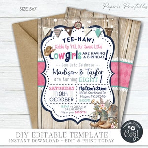 EDITABLE Twin Girls Cowgirl Birthday Invitation, Cowgirl Birthday Party Template, Western Birthday Invitation, DIY Edit w/Corjl #BP156 (1)