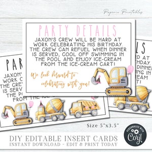 Editable Girl Construction Birthday Insert Cards, Insert Cards Construction Birthday, Additional Details Template - DIY with Corjl - #BP48