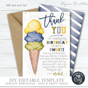 Ice Cream Birthday Thank You Card: Editable Boy Template (DIY Digital) #BP71