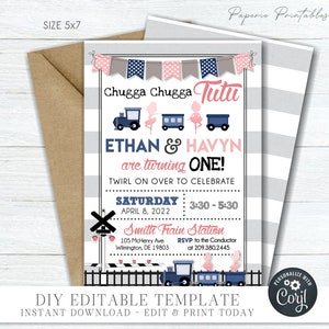 Twins Birthday Invitation: Choo Choo and Tutu, Editable Corjl Template (5x7) #BP116