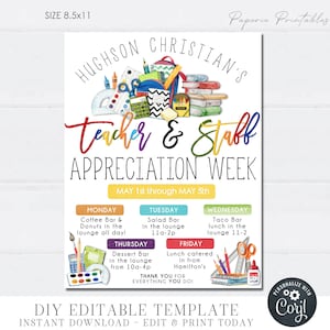EDITABLE Teacher Appreciation Week Flyer, School Staff Appreciation Week Schedule Events Flyer, Teacher Appreciation, DIY with Corjl #TAF01