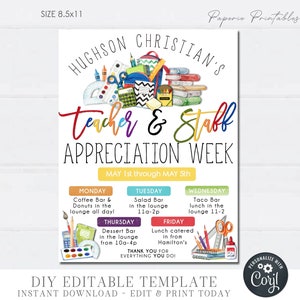 EDITABLE Teacher Appreciation Week Flyer, School Staff Appreciation Week Schedule Events Flyer, Teacher Appreciation, DIY with Corjl #TAF01