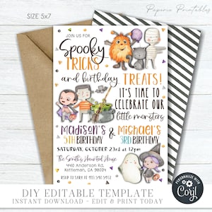 EDITABLE Siblings Halloween Birthday Invitation, Spooky Tricks Halloween Birthday, Birthday Treats Halloween - DIY with Corjl - #BP130