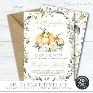 Pumpkin Baby Shower Invitation: Boho Greenery, Editable (5x7) (Digital Download) #BS73