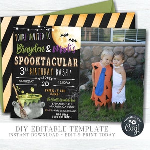 EDITABLE Twins Halloween Birthday Invitation - Halloween Birthday Party Template - Spooktacular Halloween Party Invitation - DIY Corjl-#BP13