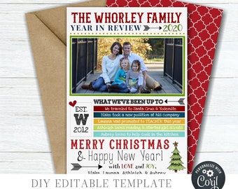May include: A Christmas card template featuring a family photo with the text "The Whorley Family Year in Review 2020" and "Merry Christmas & Happy New Year! with Love and Joy, Blake Launna Ashleigh & Aubrey". The card is decorated with a red and white checkered pattern and a green Christmas tree.