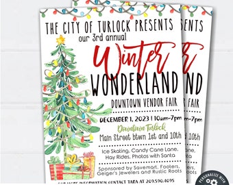 Puede incluir: Un folleto imprimible para un evento Winter Wonderland en Turlock, California. El folleto presenta una ilustración de acuarela de un árbol de Navidad con luces y regalos. El texto dice "The City of Turlock Presents our 3rd Annual Winter Wonderland Downtown Vendor Fair December 1, 2023 | 10am-7pm Downtown Turlock Main Street btwn 1st and 10th Ice Skating, Candy Cane Lane, Hay Rides, Photos with Santa Sponsored by Savemart, Footers, Geiger's Jewelers and Rustic Roots DIY Editable Template Instant Download - Edit & Print Today"