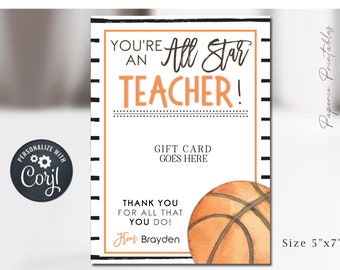 EDITABLE Basketball Teacher Appreciation Gift Card Holder, All Star Teacher Appreciation Gift, Teacher Printable, DIY w/Corjl, #STG50(2)