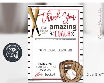 Baseball Coach Gift Card Holder: Editable Appreciation Card (DIY Corjl)