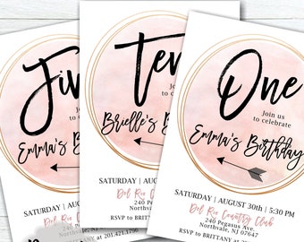 Girl Birthday Party Invitation - Gold & Blush Birthday Invitation - First Birthday Invitation - Minimalistic Birthday Invitation - #BP38