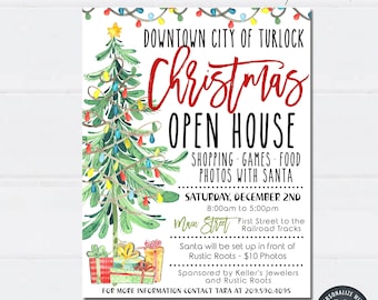 Puede incluir: Un folleto imprimible para un evento de Navidad de puertas abiertas en Turlock, California. El folleto presenta una ilustración de acuarela de un árbol de Navidad con luces y regalos. El texto dice "Downtown City of Turlock Christmas Open House" e incluye detalles sobre el evento, incluida la fecha, la hora, la ubicación y las actividades. El folleto también incluye el texto "Plantilla editable de bricolaje" y "Descarga instantánea: edita e imprime hoy".
