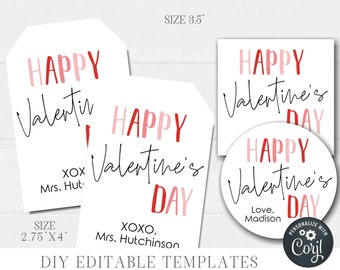 May include: Printable Valentine's Day tags and stickers in pink and red with the text "Happy Valentine's Day". The tags are 2.75 inches by 4 inches and the stickers are 3.5 inches in diameter. The tags and stickers are customizable with names and messages.