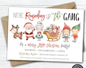 May include: A Christmas party invitation with a watercolor illustration of Santa Claus, a reindeer, an elf, and a woman with a red and white dress. The text reads "We're Rounding Up The Gang for a Merry Little Christmas Party!" with the date, time, and location of the party.