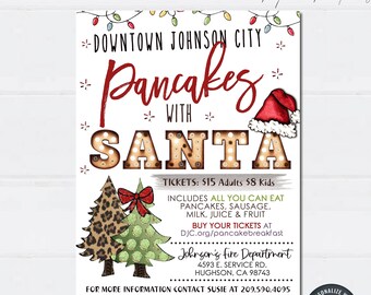 May include: Printable flyer for a pancake breakfast with Santa. The flyer is white with red, green, and brown accents. It features a cartoon Santa hat, two Christmas trees, and the text "Downtown Johnson City Pancakes with Santa". The flyer also includes information about ticket prices, what is included in the meal, and where to buy tickets.