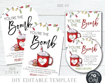 Editable Christmas Hot Chocolate Bomb Gift Tag (DIY Printable)