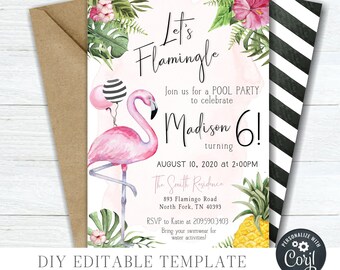 May include: A pink and white invitation with a flamingo illustration, tropical flowers, and the text "Let's Flamingle." The invitation is for a pool party celebrating Madison's 6th birthday. Includes the date, time, and location.