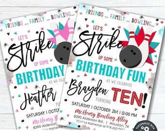Bowling Birthday Party Invitation: Editable Corjl Template (5x7) #BP42