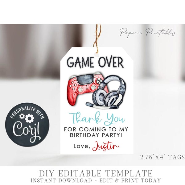 EDITABLE Gaming Party Favor Tags, Video Game Party Favor Tags, Video Game Birthday Tag, Gaming Birthday Decorations - DIY with Corjl #BP155