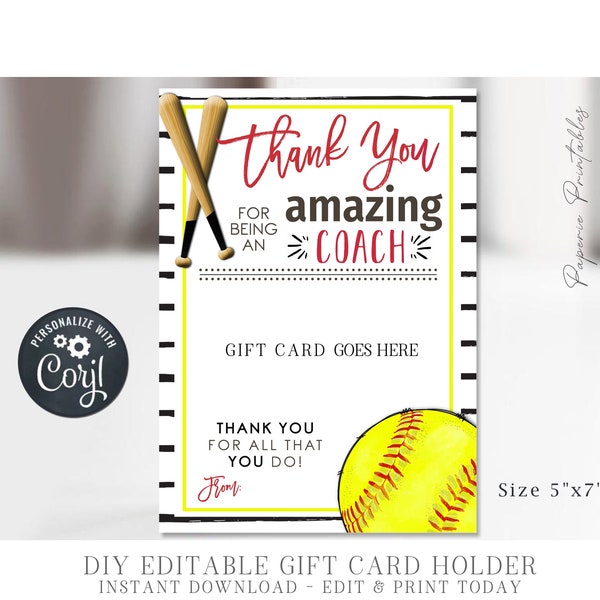 EDITABLE Softball Coach Appreciation Gift Card Holder, Amazing Coach Appreciation Gift, Coach Gift Printable, Corjl - DIY with Corjl, #CO11