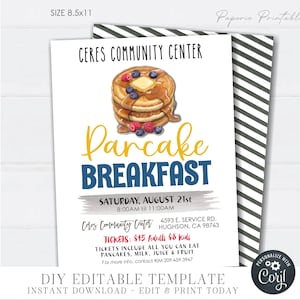 May include: A printable flyer for a pancake breakfast at the Ceres Community Center. The flyer features a colorful illustration of pancakes with blueberries, strawberries, and whipped cream. The text on the flyer reads "Pancake Breakfast", "Saturday, August 21st", "8:00AM til 11:00AM", "Ceres Community Center", "4593 E. Service Rd. Hughson, CA 98743", "Tickets: $15 Adults $8 Kids", "Tickets include all you can eat pancakes, milk, juice & fruit", "For more info, contact Kim 209.459.3947", "DIY Editable Template", "Instant Download - Edit & Print Today", and "Personalize with Corjl".