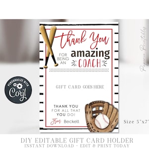 EDITABLE Baseball Coach Appreciation Gift Card Holder, Amazing Coach Appreciation Gift, Coach Gift Printable, Corjl - DIY with Corjl, #CO11