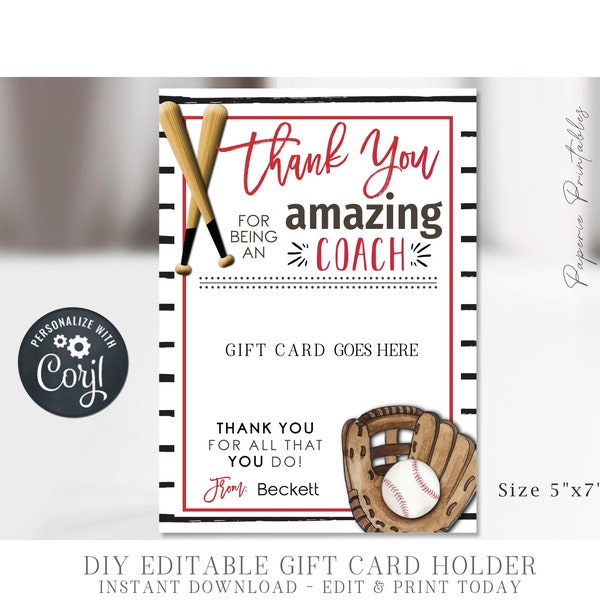 EDITABLE Baseball Coach Appreciation Gift Card Holder, Amazing Coach Appreciation Gift, Coach Gift Printable, Corjl - DIY with Corjl, #CO11
