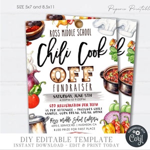 May include: Printable invitation for a chili cook-off fundraiser at Ross Middle School. The invitation features a watercolor illustration of chili, peppers, and other chili-related ingredients. The event is scheduled for Saturday, June 5th from 4:00 PM to 9:00 PM. The registration fee is $20 per team and $5 per attendee. The event includes a chili sample, cornbread, salad, and a drink. The event will be held at the Ross Middle School Cafeteria, located at 4593 E. Service Rd., Hughson, CA. A $100 prize will be awarded for first place.