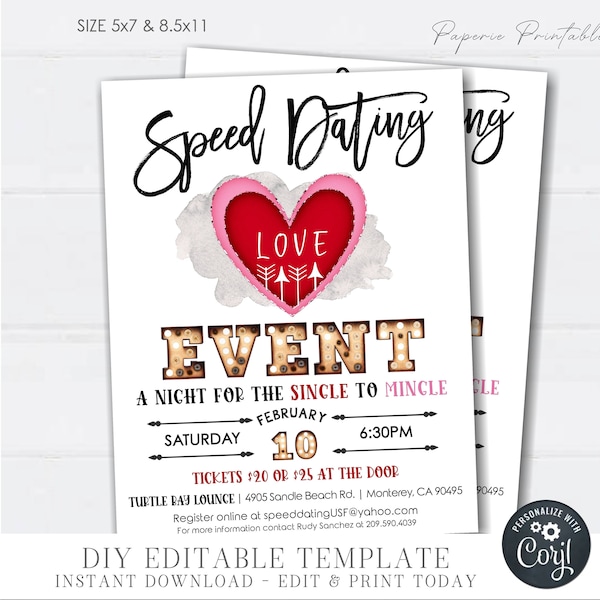 EDITABLE Speed Dating Flyer, Speed Dating Event Template, Speed Dating Card, Speed Dating Printable, Dating Card - DIY with Corjl - #SDF01