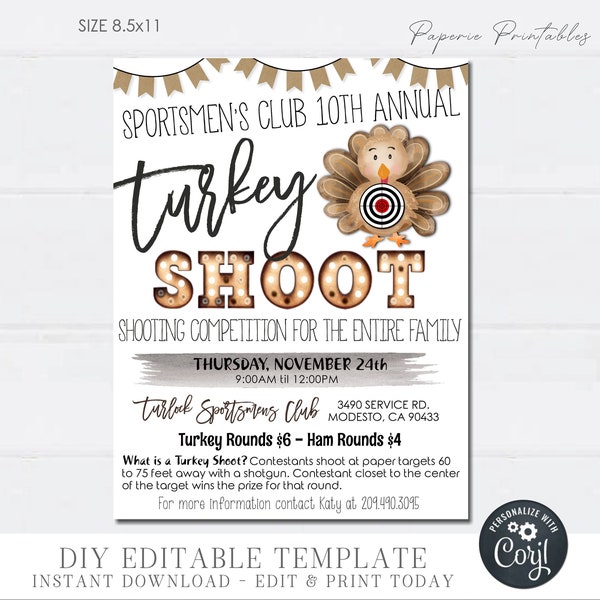 EDITABLE Turkey Shoot Flyer, Thanksgiving Turkey Shoot Flyer, Thanksgiving Shoot Printable, Digital Shooting Flyer - DIY with Corjl - #TG46