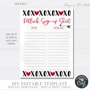 Valentine&#39;s Day Potluck Sign Up Sheet: Editable DIY Form (Digital Download)