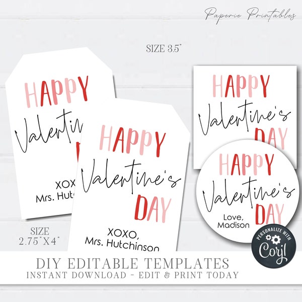 Editable Valentine's Day Gift Tag, Happy Valentine's Day Tag, Valentine Gift Tag, Printable Valentine Tag, DIY Edit with Corjl - #VT50