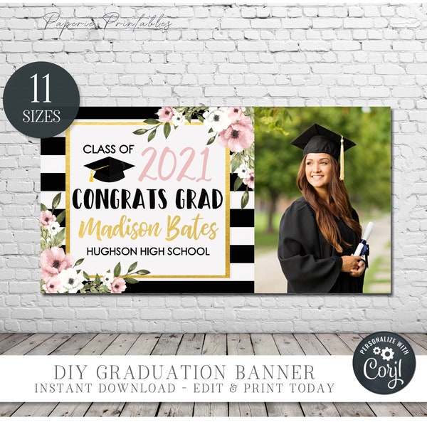 EDITABLE Photo Graduation Banner - Graduation Yard Sign - Class of 2023 Graduation Backdrop - Girl Graduation Background - DIY Corjl- #GP22