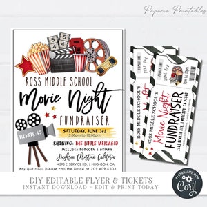 EDITABLE Movie Night Fundraiser Flyer and Tickets, Movie Night Fundraiser, Movie Night Printable Tickets, Movie Night DIY w/Corjl - #FLYR03