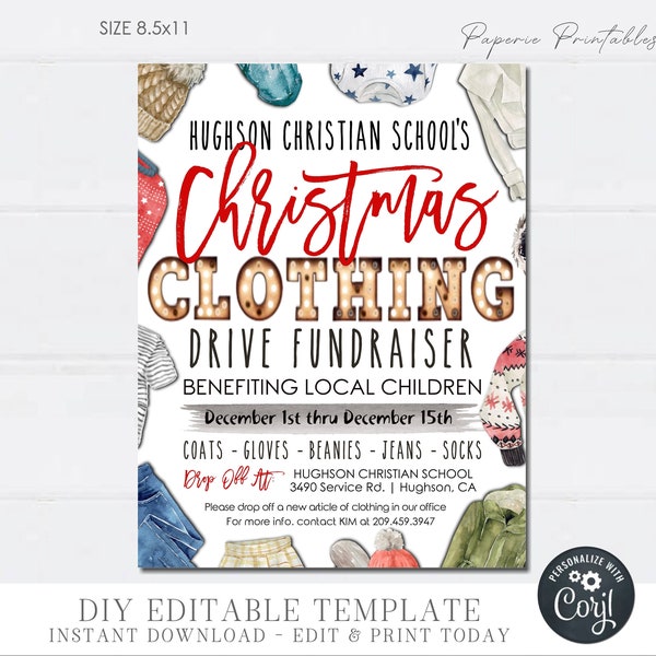 EDITABLE Christmas Clothing Drive Flyer, Christmas Clothing Drive Fundraiser Flyer, Christmas Fundraising Flyer, DIY with Corjl - #CF23