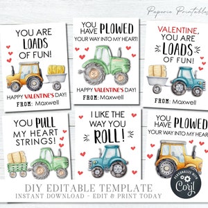 EDITABLE Tractor Valentine Cards, Kids Valentine Cards, Tractor Valentine Tags, Editable Tractor Valentine Cards - DIY Edit Corjl - #VT95