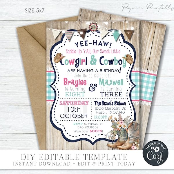 Editable Siblings Cowboy & Cowgirl Birthday Party Invitation, Cowboy Birthday Invitation, Siblings Birthday Invite ,DIY with Corjl #BP156(3)