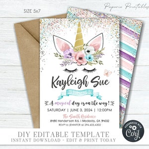 Editable Unicorn Birthday Invitation, Sisters Unicorn Birthday Template, Twins Unicorn Invitation, Magical Day Party - DIY with Corjl #BP87