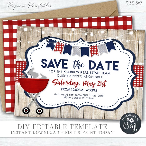 EDITABLE Save the Date BBQ Invitation, Company Picnic Save the Date, Save the Date Picnic Invitation, Company Summer Party- DIY Corjl #COP01