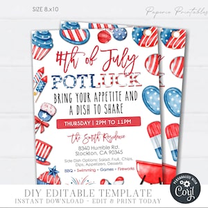 May include: Editable 4th of July potluck invitation template with red, white, and blue watercolor illustrations of fireworks, ice cream cones, and popsicles. The text reads "4th of July Potluck Bring your appetite and a dish to share Thursday | 2PM to 11PM The Smith Residence 8340 Humble Rd. Stockton, CA 90345 Side Dish Options: Salad, Fruit, Chips, Dips, Appetizers, Desserts BBQ + Swimming + Games + Fireworks DIY Editable Template Instant Download - Edit & Print Today"