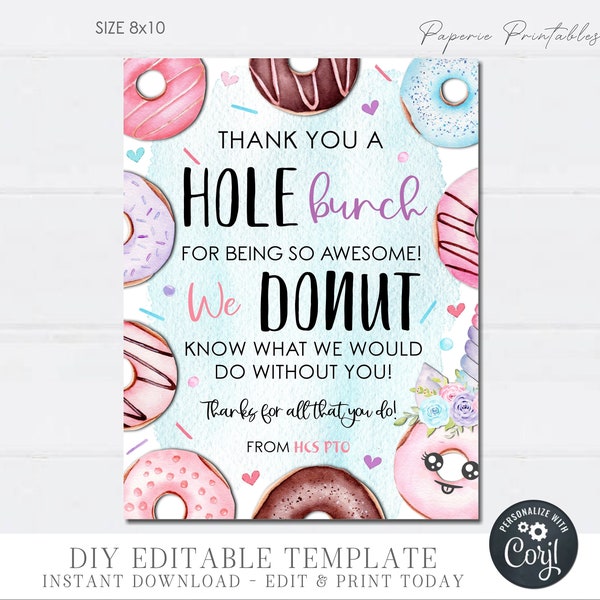 EDITABLE Donut Teacher Appreciation Sign, Teacher Appreciation Breakfast Sign, Donut Breakfast Teacher Appreciation, DIY w/Corjl #TAS04 (1)