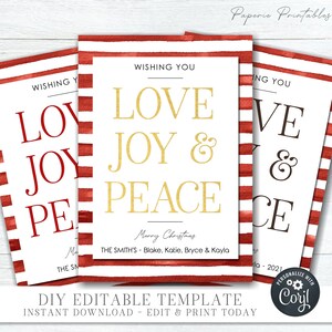 EDITABLE Love, Joy and Peace Christmas Card, No Photo Christmas Card, Gold Foil Christmas Card, Business Christmas Card - DIY w/Corjl #CC107