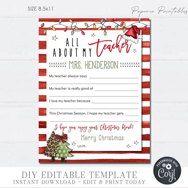 EDITABLE Teacher Holiday Gift, All About My Teacher Christmas Printable, Teacher Holiday Card, Teacher Questionnaire, DIY Edit Corjl #CG15