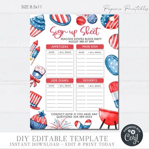Editable 4th of July Potluck Sign Up Sheet, Potluck Sign Up Sheet, Potluck Sign Up Form, Neighborhood 4th of July BBQ, DIY w Corjl #JULY #2