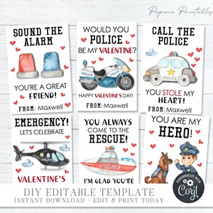 EDITABLE Police Valentine Cards, Kid Valentine Cards, School Valentine Tags, Police Tags, Printable Valentines Cards, DIY with Corjl - #VT79