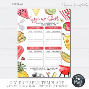 Editable Potluck Sign Up Sheet: BBQ Party Form (DIY Corjl) #COP06